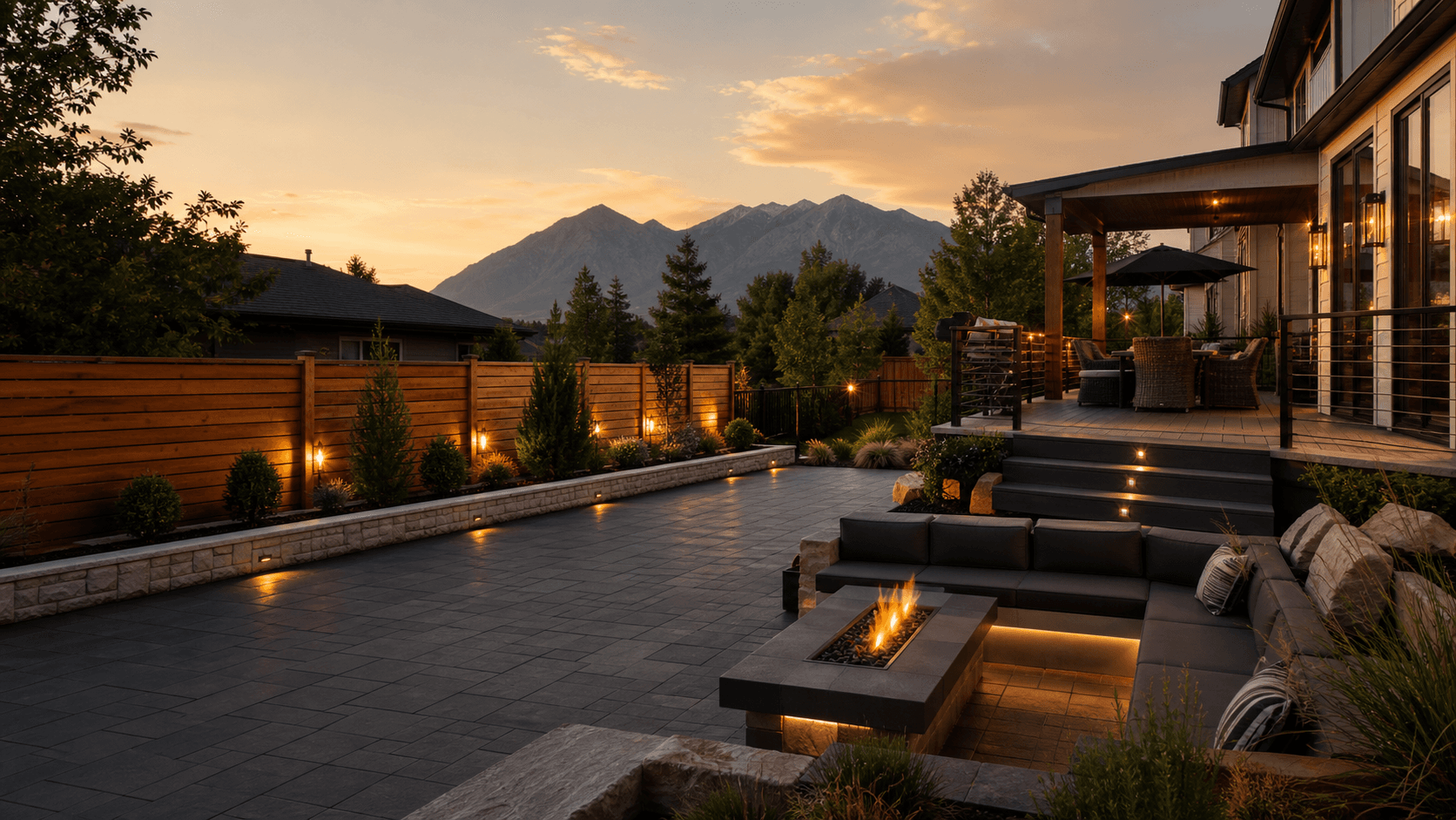 Outdoor living space with fence, deck, hardscape, and exterior lighting